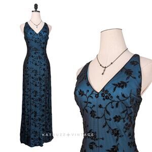 Vintage Prom Dress Maxi Gown 10 Black Blue 90S Y2K Mesh Floral Goth Grunge Bead